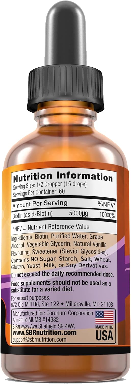 SBR Nutrition Biotin Liquid Drops, 5000mcg per Serving (60) 1.0Fl.oz (30ml) Vanilla