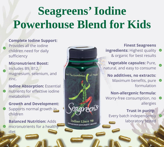 Seagreens Iodine Lite+ Supplements, 3 Month Supply, 150Mcg Natural Iodine From Seaweed, Vegan Supplement For Kids & Adults, Radiation Support, Thyroid Health, 90 Capsules
