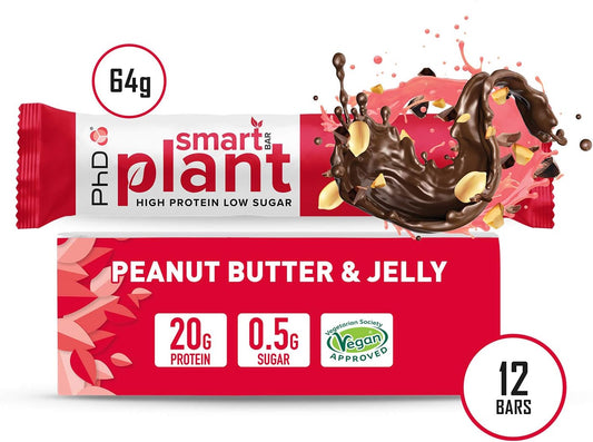 Phd Nutrition Smart Plant Bar Low Calorie, High Protein Low Sugar Vegan Protein Bar/Protein Snacks, Peanut Butter And Jelly Flavour, 20G Of Plant Protein, 64G Bar (12 Pack)