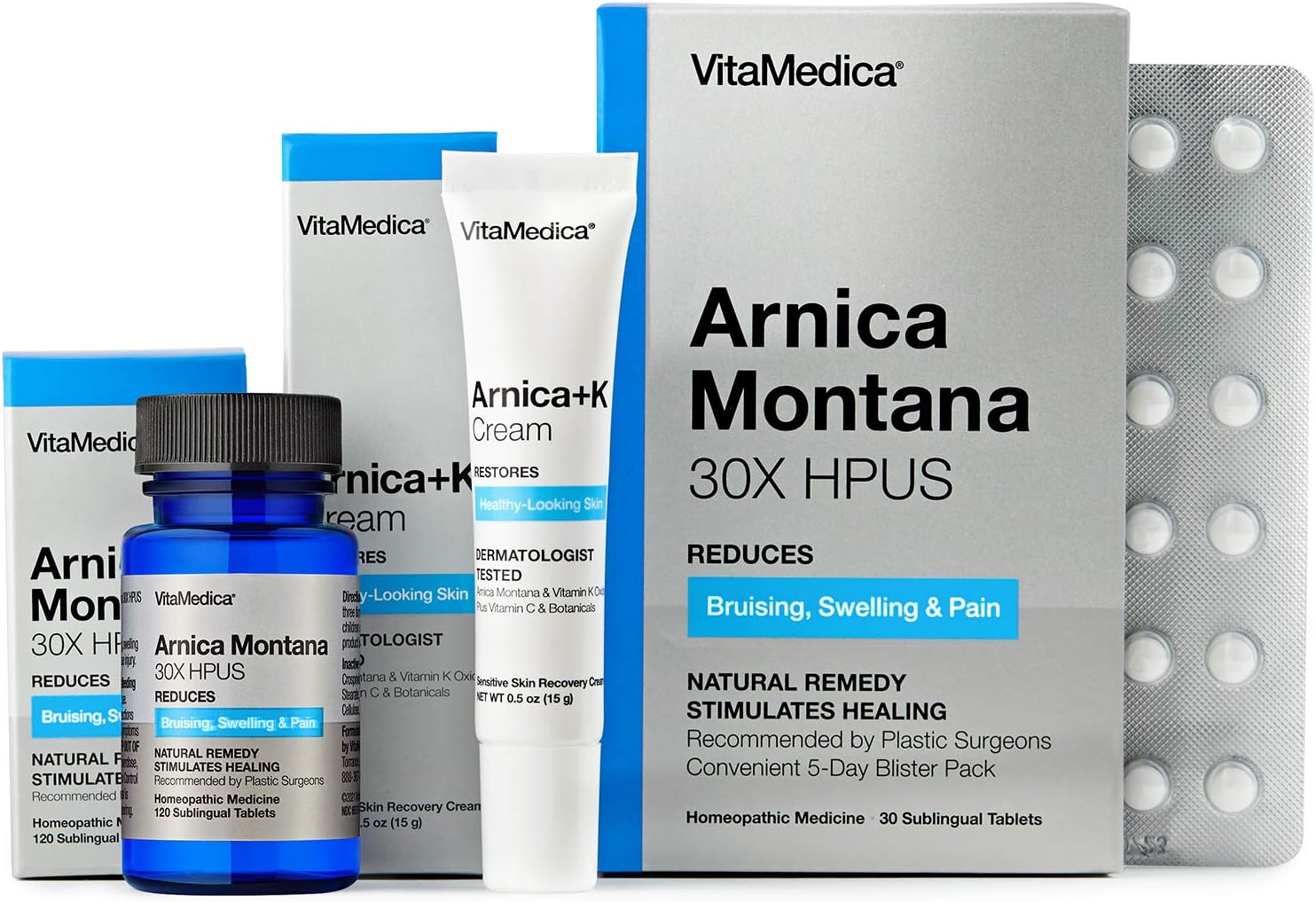 Vitamedica | Arnica & Vitamin K Cream + Arnica Montana 30X (Bottle & Blister Pack) Bundle | For Bruising, Swelling, Inflammation & Pain Relief | Softens, Calms, Moisturizes, & Restores Bruised Skin