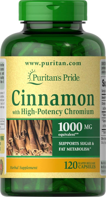 Puritan's Pride Cinnamon with High Potency Chromium, Supports Sugar and Fat Metabolism, 120 Count Brown (Pack of 1) : Health & Household