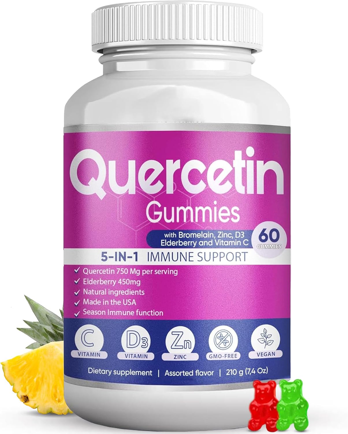 Quercetin Gummies By Biovitalica - Quercetin With Bromelain Vitamin C And Zinc & Elderberry + Vitamin D3-5 In 1 Immune Support - Zinc Quercetin 750 Mg For Kids And Adult (6, Quercetin)