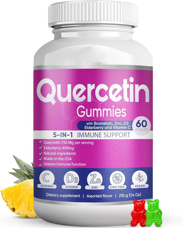 Quercetin Gummies By Biovitalica - Quercetin With Bromelain Vitamin C And Zinc & Elderberry + Vitamin D3-5 In 1 Immune Support - Zinc Quercetin 750 Mg For Kids And Adult (6, Quercetin)