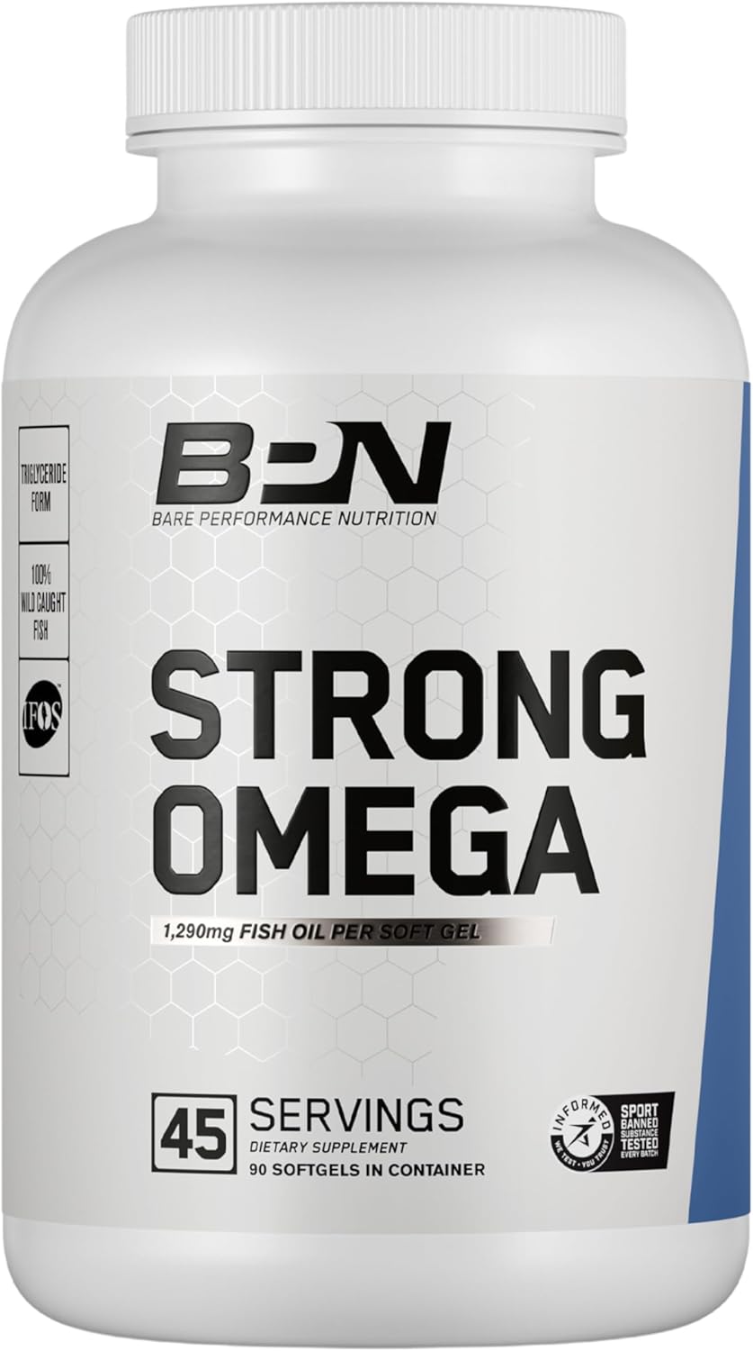 Bare Performance Nutrition, Bpn Strong Omega Fish Oil Soft Gel, 1290Mg Fish Oil Per Capsule, Wild Caught Fish, Sustainably Sourced, Ifos Certified