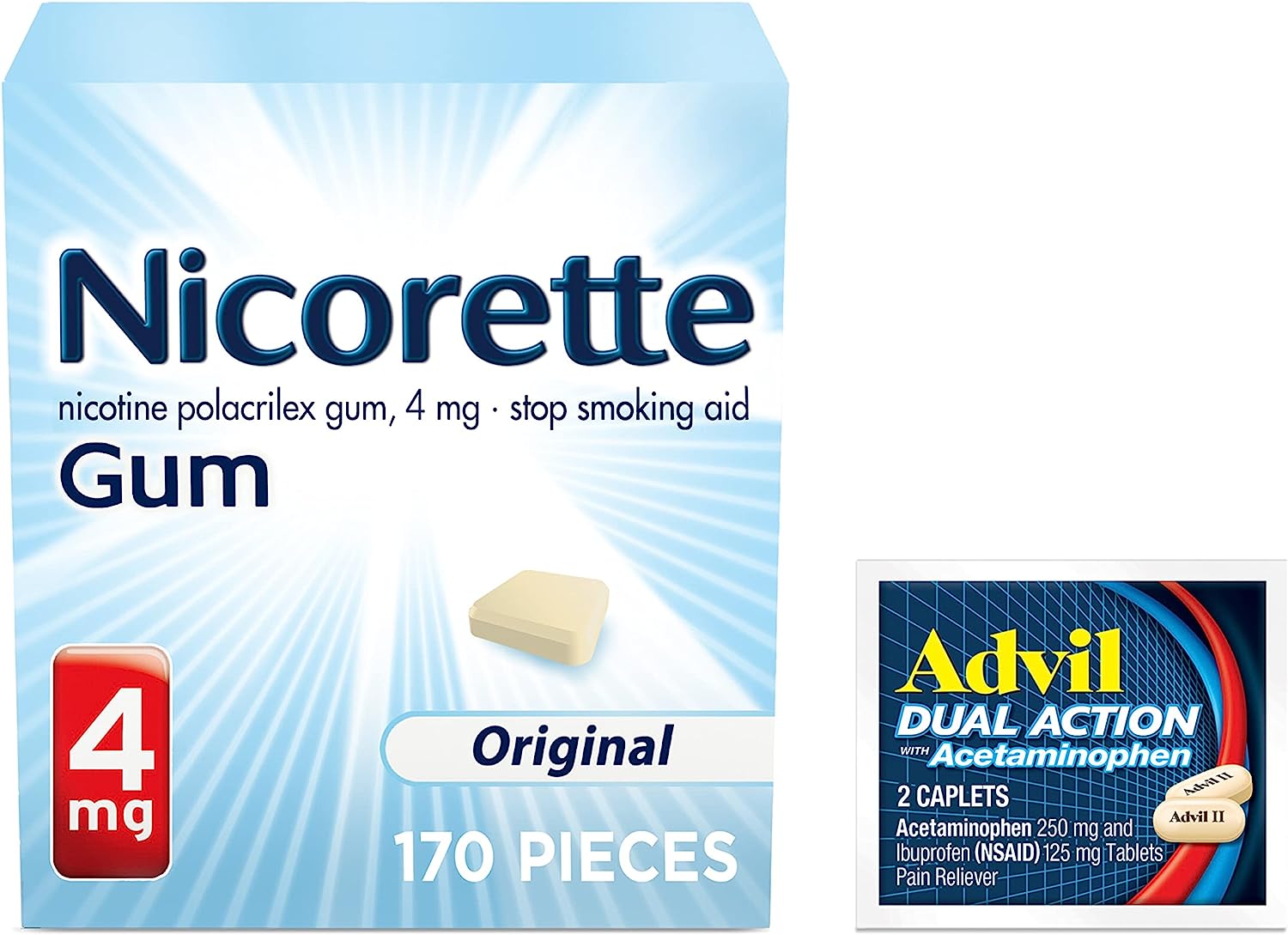 Nicorette 4 mg Nicotine Gum to Help Quit Smoking - Original Unflavored Stop Smoking Aid, 1-Pack, 170 Count, Plus Advil Dual Action Coated Caplets with Acetaminophen, 2 Count