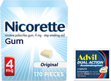 Nicorette 4 mg Nicotine Gum to Help Quit Smoking - Original Unflavored Stop Smoking Aid, 1-Pack, 170 Count, Plus Advil Dual Action Coated Caplets with Acetaminophen, 2 Count