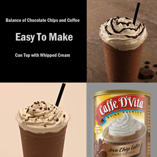 Caffe D’Vita Java Chip Latte Blended Ice Coffee - Java Chip Frappe Mix, Blended Iced Coffee Mix, Gluten Free, Low Fat, No Cholesterol, No Hydrogenated Oils, No Trans Fat, Kosher-Dairy - 19 Oz Can, 6-Pack