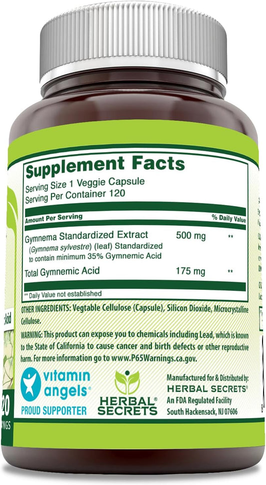 Herbal Secrets Gymnema Supplement | 500 Mg Per Serving | 120 Veggie Capsules | Non-Gmo | Gluten Free | Made In Usa