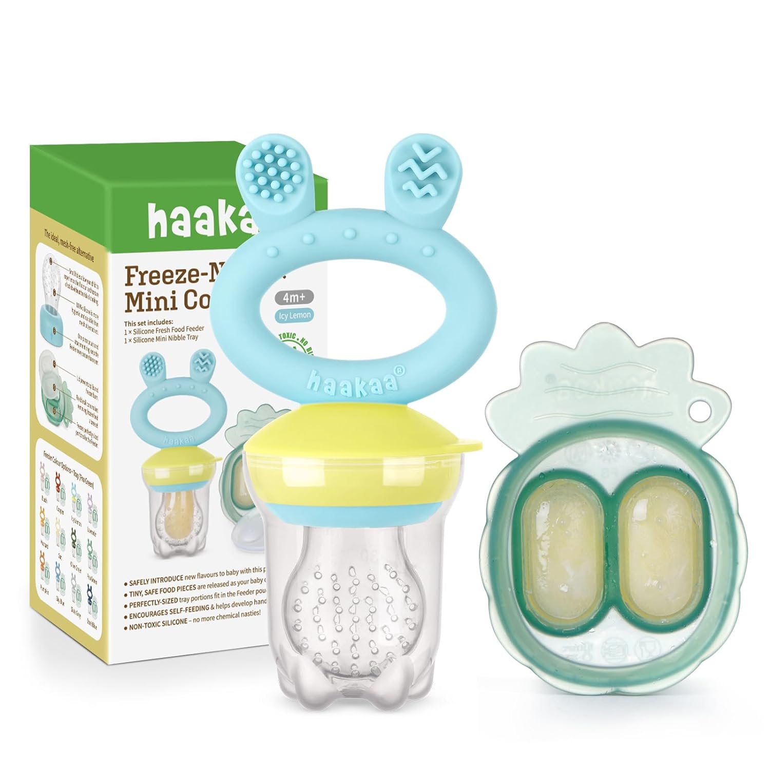 Haakaa Baby Fruit Food Feeder & Mini Freezer Nibble Tray Combo, Breastmilk Popsicle Molds for Baby Cooling Relief, BPA Free Silicone Feeder for Safe Infant Self Feeding, 4 Month+ (Blue)