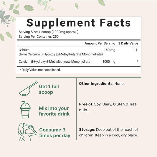 Micro Ingredients Pure HMB Powder, 250 Grams, Powerfully Supports Muscle Stamina, Endurance and Strength, No GMOs and Vegan Friendly