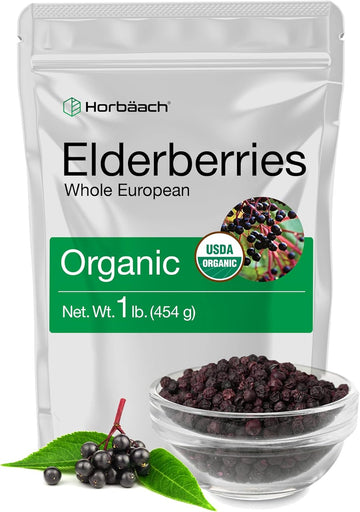 Horbäach Organic Dried Elderberries | 1 Lb Bulk Bag | Whole European | Non-Gmo, Gluten Free | Sambucus Nigra