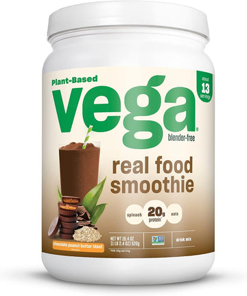 Vega Real Food Smoothie, Chocolate Peanut Butter Blast - Vegan Protein Powder, 20G Plant Based, No Blender Required, Gluten Free, Non Gmo, Pea Protein For Women And Men, 1.24 Lbs (Packaging May Vary)