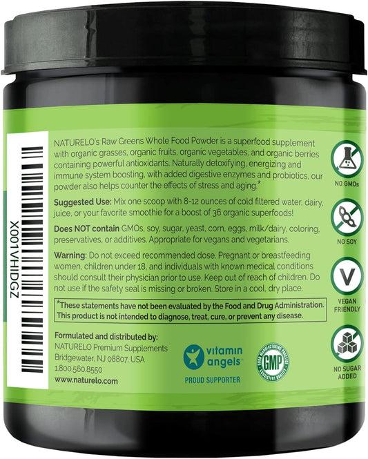 NATURELO Raw Greens Superfood Powder - Unsweetened - Boost Energy, Detox, Enhance Health - Organic Spirulina - Wheat Grass - Whole Food Nutrition from Fruits & Vegetables - 60 Servings