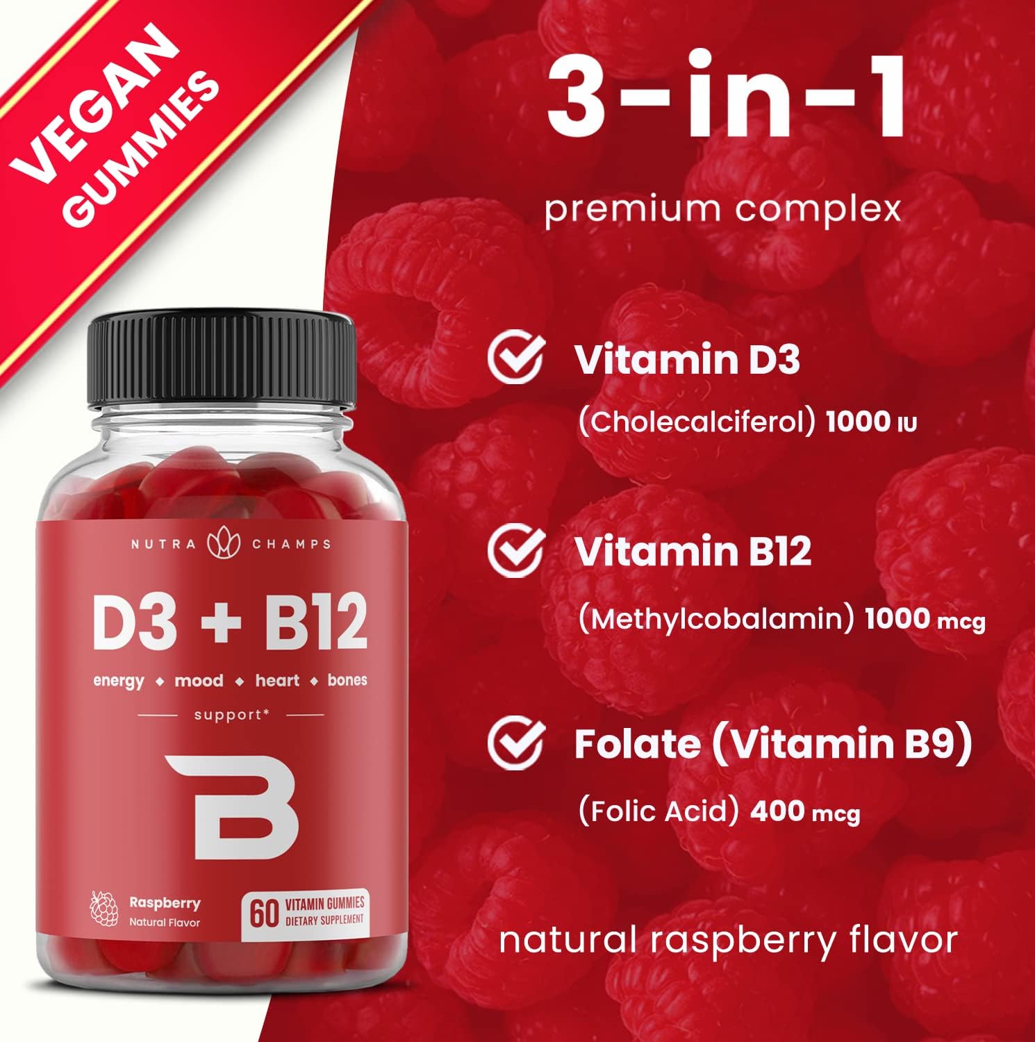 Vitamin D3 & Vitamin B12 | Methyl B12 Gummies for Adults & Kids | Enhanced with Vitamin D 3 & B9 Vitamin Folate | Natural Energy, Mood, Metabolism & Focus | Raspberry | 60 Gummies