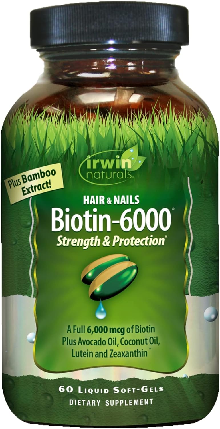 Irwin Naturals Biotin-6000 Supports Healthy Skin, Hair & Nails - Strength + Protection With High Potency 6000 Mcg, Bamboo, Avocado, Coconut & More - Maximum Absorption - 60 Liquid Softgels