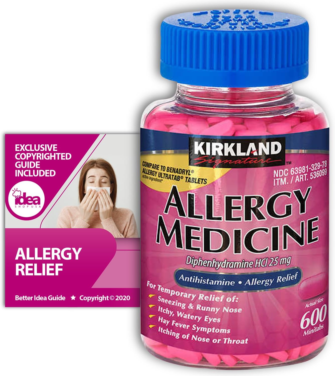 Kirkland Signature Allergy Medicine 25 mg, 600 Ct Bundle with Exclusive "Allergy Relief" - Better Idea Guide (2 Items)