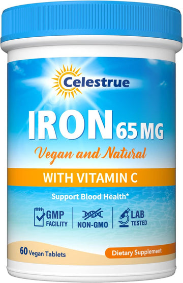 Iron Supplement, 65 Mg Carbonyl Iron & 250 Mg Vitamin C, Stomach Friendly Iron Pills For Blood Building Women & Men, Better Absorption, No Constipation, Vegan, Non-Gmo, Gluten Free, 60 Tabs