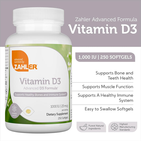 Zahler - Advanced Vitamin D3 1000 Iu Softgels (250 Count) Kosher Vegetarian Friendly Vitamin D For Immune Support, Bone, Teeth & Muscle Health - Daily D3 Vitamin Supplement For Adults - Easy Swallow V