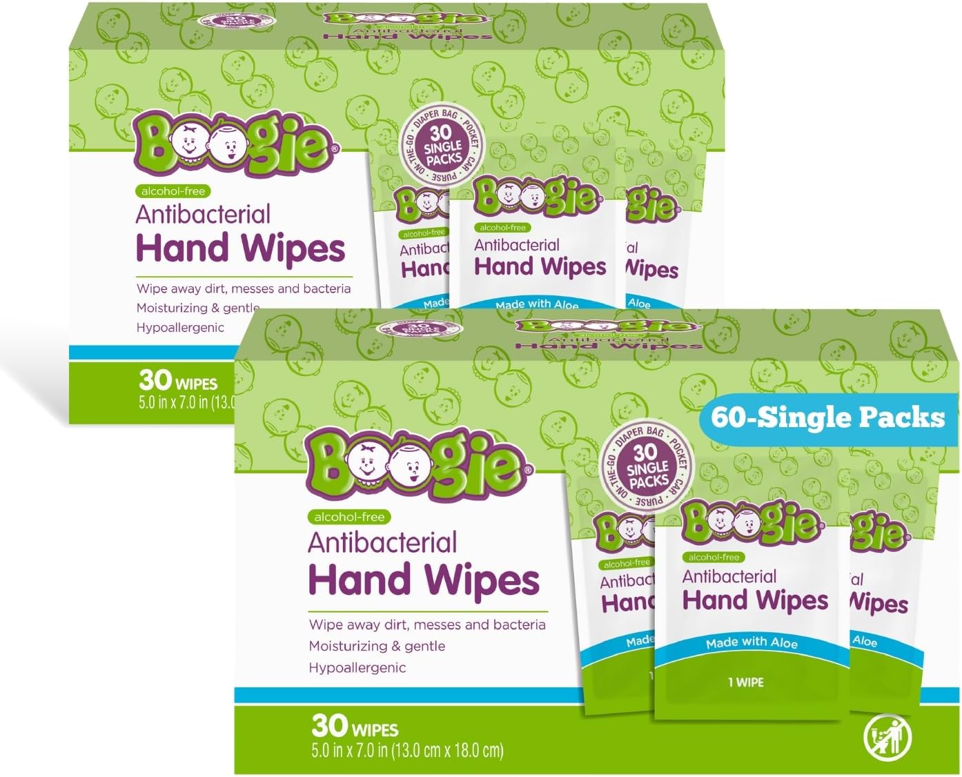 Antibacterial Hand Wipes By Boogie, Alcohol Free, Hypoallergenic And Moisturizing Aloe, Hand Wipes For Kids And Adults, Single Packs, 30 Wipes (Pack Of 2)