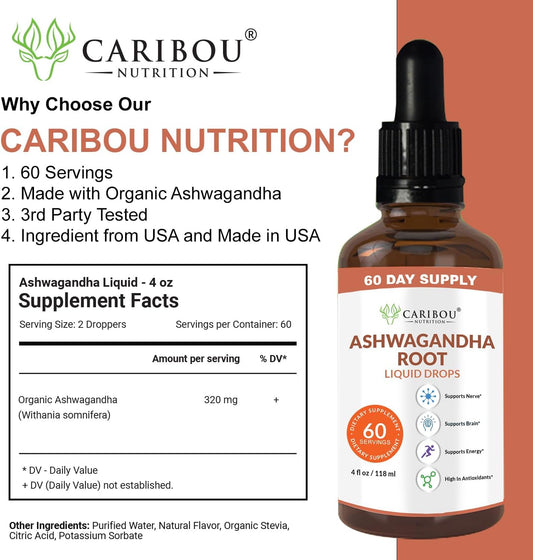 Caribou Nutrition Ashwagandha Liquid Drops Organic - Pure Ashwagandha Root Extract Supplement | Non-Gmo, Vegan, Gluten-Free | 60 Servings Of Ashwagandha Liquid For Men & Women