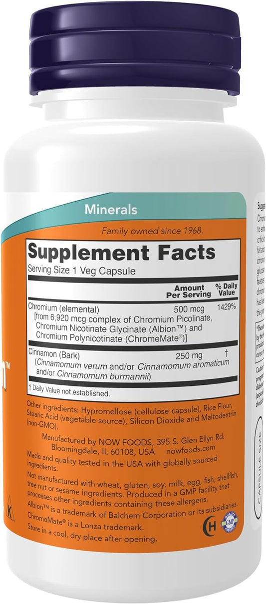 NOW Supplements, Tri-Chromium? 500 mcg with Cinnamon, Insulin Co-Factor*, 90 Veg Capsules