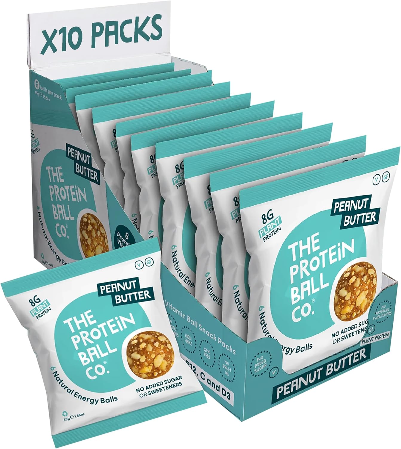 Protein Balls Peanut Butter Flavour By The Protein Ball Co - 100% Natural, Plant Based, Vitamin Enriched, Protein Snacks - 10 X 45G Bags - High Fibre, Gluten Free, No Artificial Sweeteners