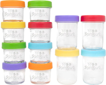 WeeSprout Glass Baby Food Storage Jars - 12 Set, 4 oz/8 oz Baby Food Jars, Plastic Lids, Freezer Storage, Reusable Small Glass Baby Food Containers, Microwave & Dishwasher Safe, for Infant & Baby Food