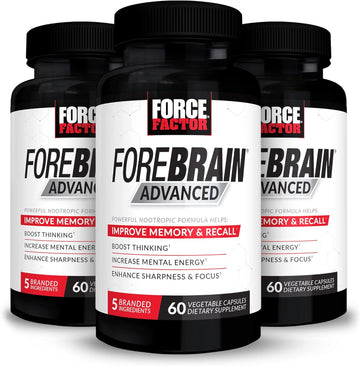 FORCE FACTOR Forebrain Advanced, 3-Pack, Brain Booster, Brain Supplement for Memory Support, Concentration, Focus, Thinking, and Mental Energy, Powerful Ingredients That Work Fast, 180 Capsules