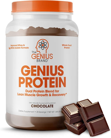 Genius Protein Powder, Chocolate - Dual Protein Blend With Improved Whey Isolate & Natural Egg White For Lean Muscle Building For Men & Women - Grass-Fed Pre & Post Workout Meal Replacement Shake