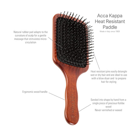Acca Kappa Classic Paddle Hair Brush Regular Kotibé Wood Heat-Resistant Pom Pins Scalp-Massage Detangler