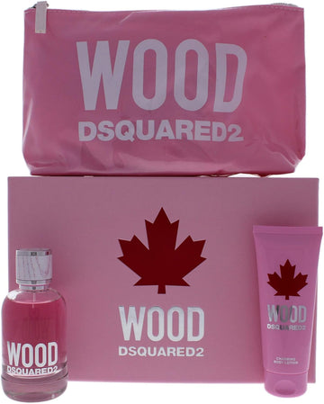 Dsquared Wood By Dsquared2 For Women - 3 Pc Gift Set 3.4Oz Edt Spray, 3.4Oz Body Lotion, Pink Wood Pouch, 100 Milliliters, I0095085
