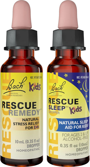 Kids Day & Night Bundle, Bach Rescue Remedy Kids Dropper [And] Rescue Sleep Kids Dropper- 2-Pk, Stress Relief & Sleep Support With Natural Flower Esssences, Homeopathic, Non-Alcohol Formula, 10Ml Ea