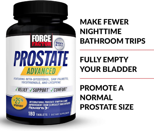 FORCE FACTOR Prostate Advanced, Health Supplement for Men for Reducing Nighttime Bathroom Trips, Bladder & Urinary Relief, with Saw Palmetto, Beta-Sitosterol, 180 Tablets (1-Pack)