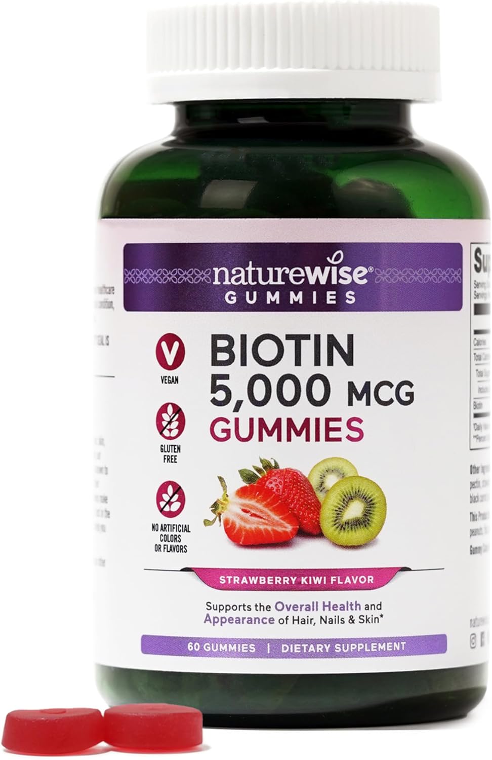 Naturewise Biotin Gummies - Hair, Skin And Nails Supplement - Vitamin B7 5000Mcg Supports Hair And Nail Strength - Strawberry-Kiwi Flavor - Vegan, Non-Gmo, Gluten Free - 60 Count[1-Month Supply]