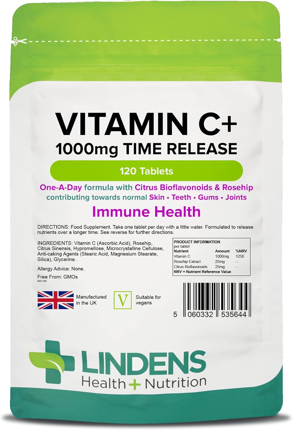 Lindens Vitamin C+ 1000Mg - 120 Tablets - Time Release Tablets With Citrus Bioflavonoids And Rosehip - Contributes To Immune System Health, Reduces Tiredness And Supports Healthy Skin And Teeth