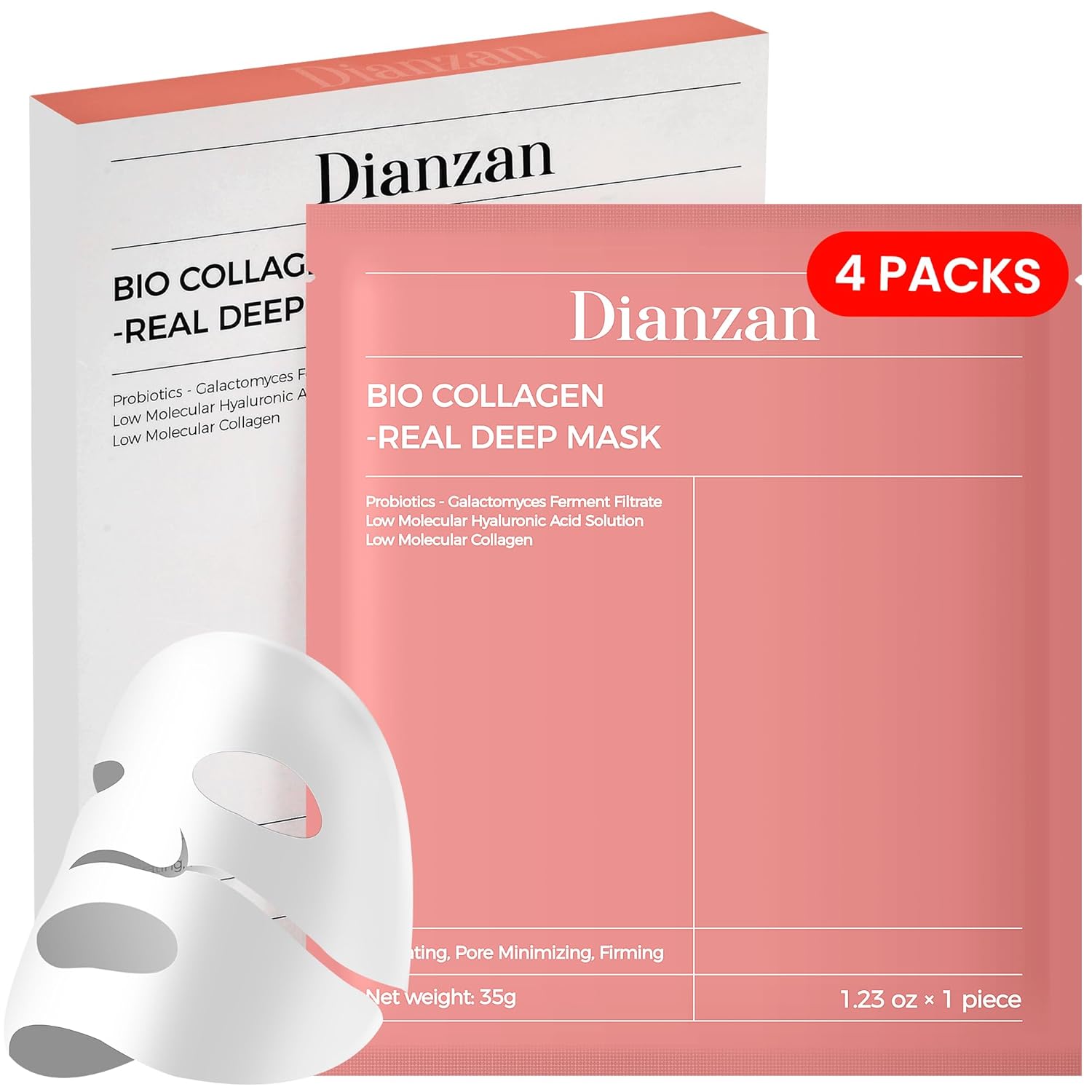 Dianzan Korean Overnight Bio-Collagen Mask, Deep Moisturizing, Firming, Glowing Glass Skin Mask, Brings Glass-Like Glow, Shrinks Pores, Diminishes Fine Lines, Gentle On Sensitive Skin, 35G X 4Ea