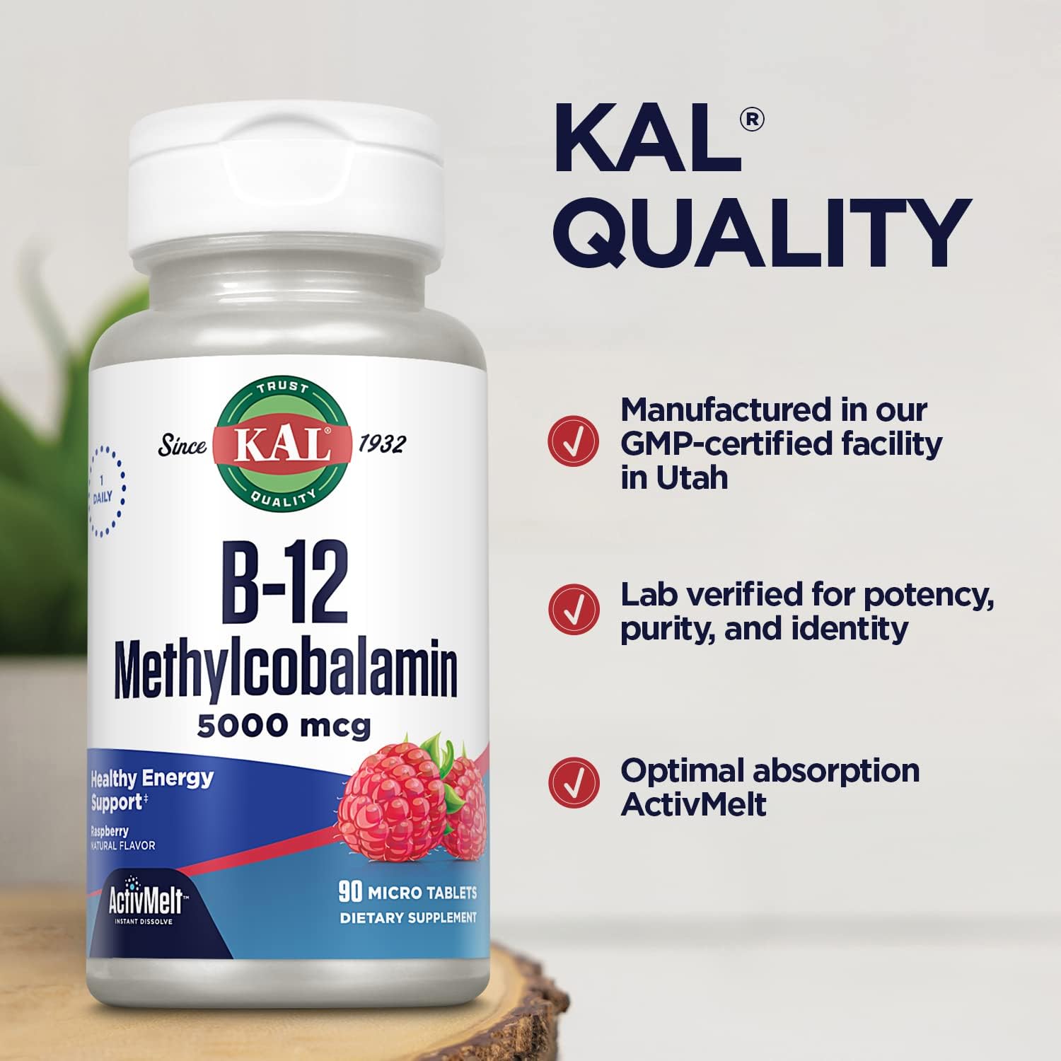 KAL Vitamin B12 Methylcobalamin 5000mcg, Healthy Energy, Metabolism, Nerve & Red Blood Cell Support,* Fast Dissolve ActivMelts, Optimal Absorption, Natural Raspberry Flavor, 90 Servings, 90 Micro Tabs : Health & Household