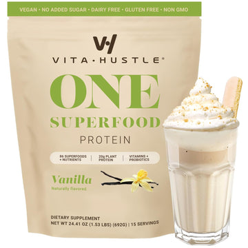 Vitahustle One - Superfood Meal Replacement Shake, Plant Based Protein Powder, Vegan. 86 Superfoods, Vitamins, & Minerals, Ashwagandha, Adaptogens. Founded By Kevin Hart. (Vanilla) 15 Servings