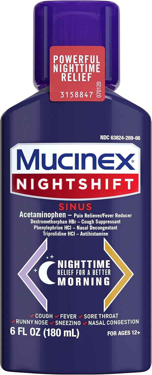 Mucinex Nightshift Sinus, Cold And Flu Cough Medicine For Adults, Powerful Nighttime Sinus Medicine For Sinus Relief, Sore Throat Relief, Cough Suppressant & Nasal Decongestant For Adults, 6 Fl Oz