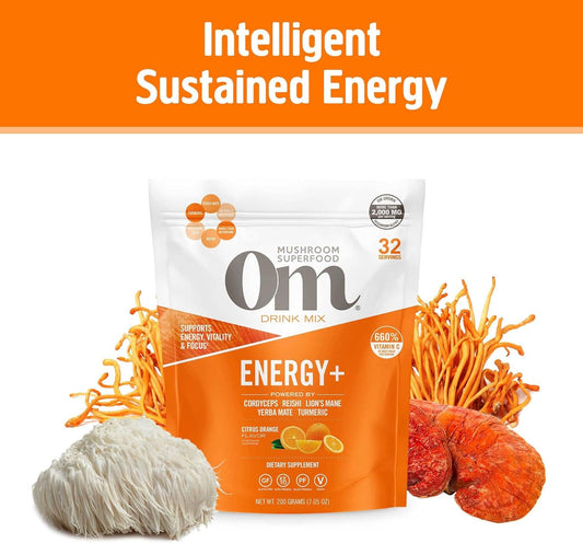 Om Mushroom Superfood Energy Plus Mushroom Powder Drink Mix, Citrus Orange, 7.05 Ounce, 32 Servings, Mushroom Blend, Cordyceps, Yerba Mate, Tumeric, Vitamin B Complex, Pre-Workout, Immune Supplement