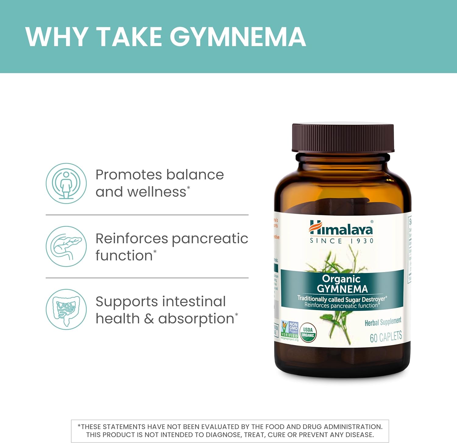 Himalaya Organic Gymnema Sylvestre for Glucose Metabolism, 700 mg, 30 Caplets, 2 Month Supply, 2 Pack : Health & Household