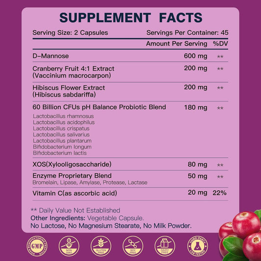 Urinary Tract Health For Women, Vaginal Probiotics For Women Ph Balance With D-Mannose, Cranberry, Probiotics And Prebiotics For Digestive Helath 90 Veggie Capsules