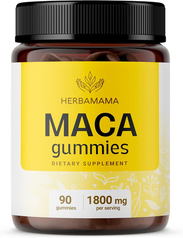 Herbamama Maca Root Gummies - 1800 Mg Delicious Maca Root Gummy For Energy Support - Herbal Maca Supplement - Vegan, Gelatin-Free, Non-Gmo - 90 Banana-Flavored Chews