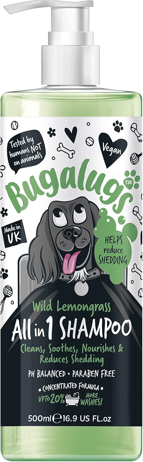 Bugalugs Dog Shampoo All In 1 Shampoo & Conditioner Dog Grooming Products For Smelly Dogs With Apple & Vanila Fragrance, Best Vegan Pet Puppy Shampoo, Professional GroomBshall500Amz