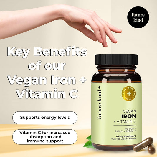 Future Kind Vegan Iron Supplement with Vitamin C (30 Iron Capsules) in Glass Bottle - Iron Supplements for Men and Women - Vegan Supplement Iron with Vitamin C for Energy, Focus & Immunity Support