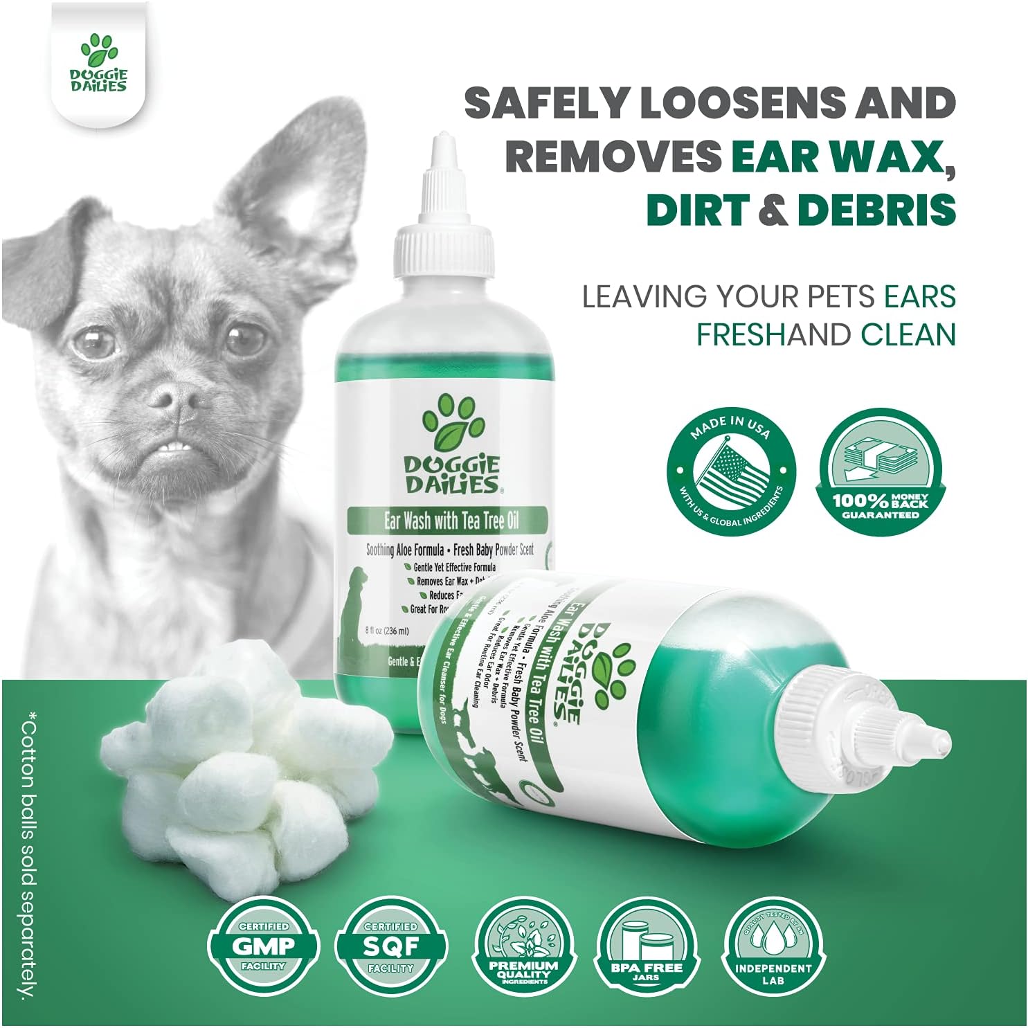 Doggie Dailies Cleansing Ear Wash for Dogs with Tea Tree Oil & Soothing Aloe Vera : Pet Supplies