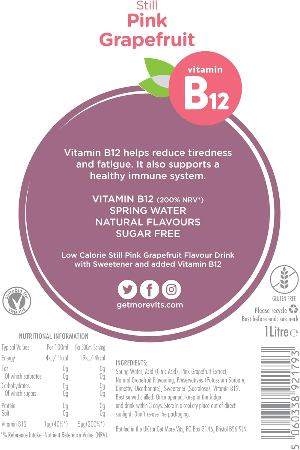 Get More Vits Flavoured Water - Vegan, Low Calorie, & Sugar Free Spring Water with of Vitamin B12 - Pink Grapefruit Flavoured Adults & Kids Drinks - 1 Litre Spring Water Bottle Multipack, Pack of 12 : Amazon.co.uk: Grocery