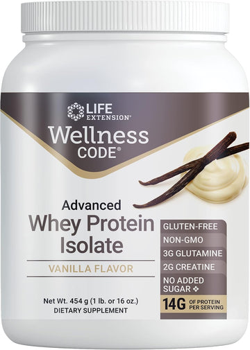 Life Extension Wellness Code Advanced Whey Protein Isolate - Vanilla Flavor -Protein Shake Mix Powder For Muscle Growth & Immune Health Support - Gluten Free, Non-Gmo, Sugar Free - 454G - 20 Servings