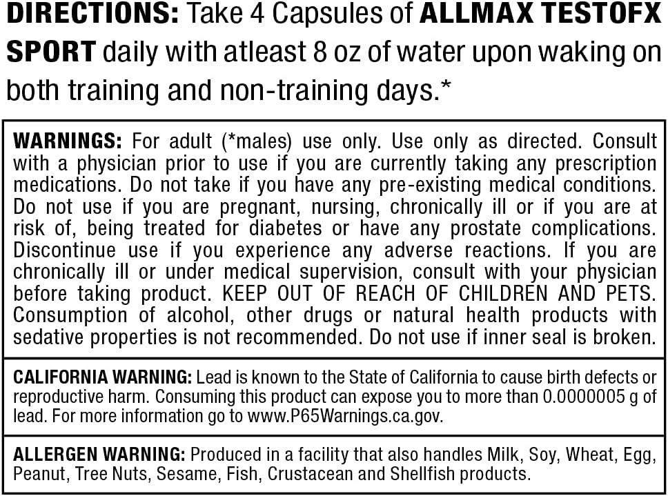 ALLMAX TESTOFX Sport - 80 Capsules - Testosterone Support Formula - Boosts Muscle Strength - with Zinc, Vitamin B6 & Magnesium - 20 Servings : Health & Household