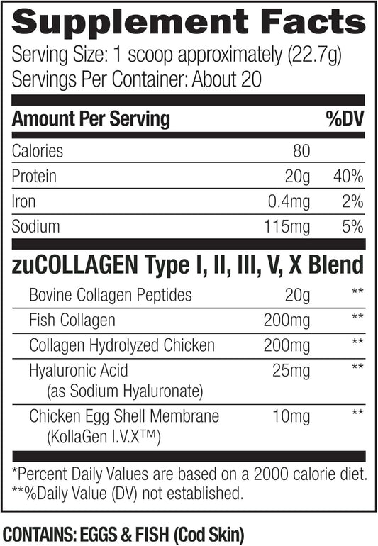 Umzu Zucollagen Protein - 5 Collagen Types - Hair, Nail & Skin Vitamins - 20G Protein - Supports Skin Elasticity, Circulatory System, Gut Health & More - 20 Servings - Unflavored